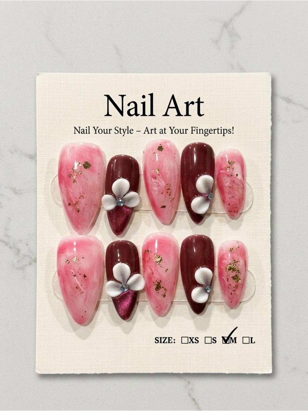 Pink & Burgundy Floral 3D Press-On Nail Set
